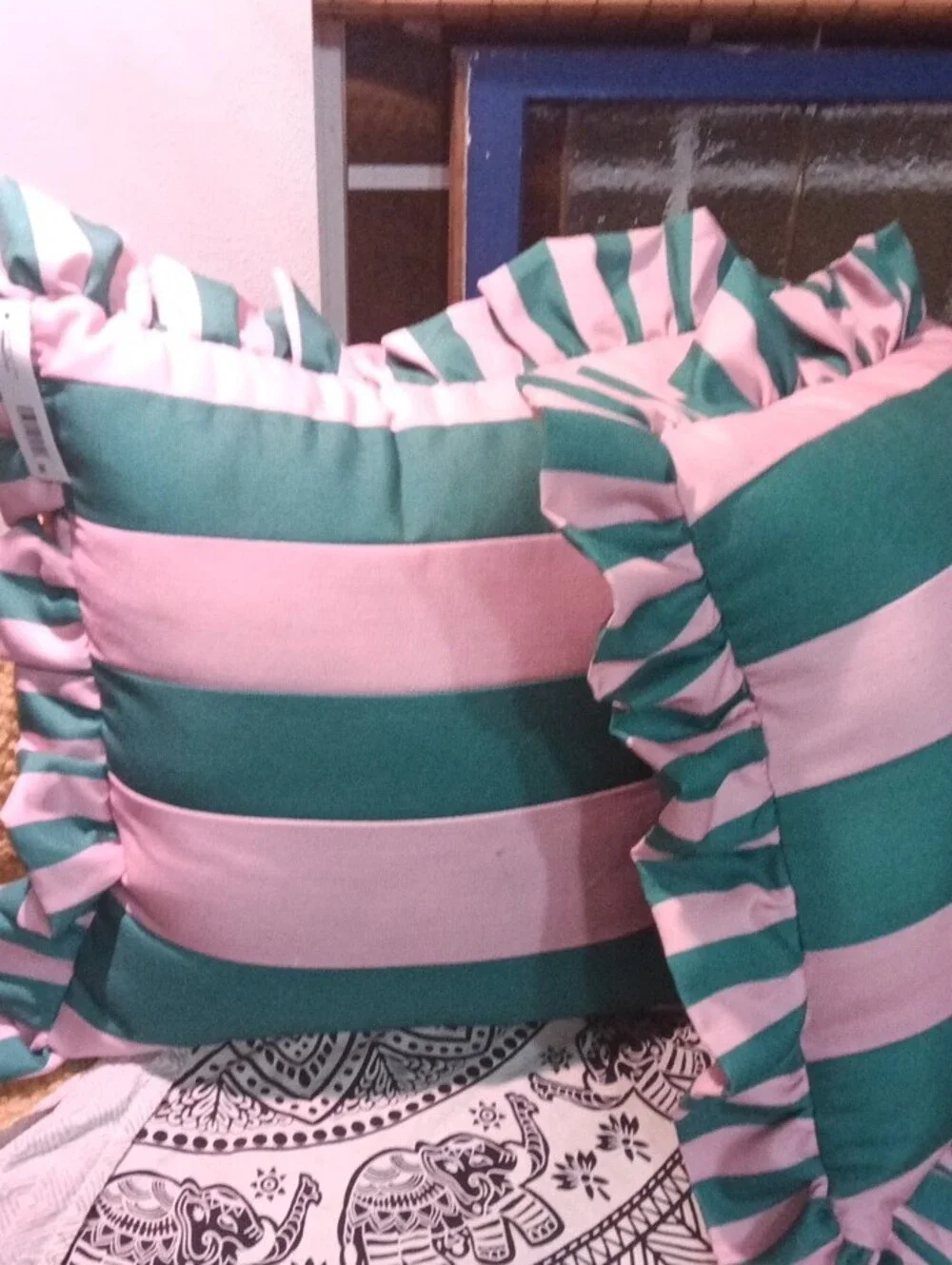 Striped Pink and Teal Decorative Throw Pillow by